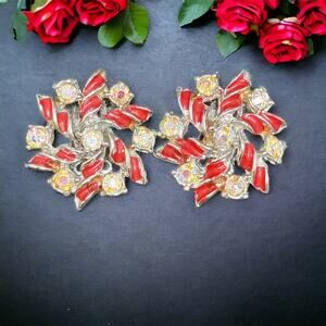 Red and Gold Toned Clip-on Earrings